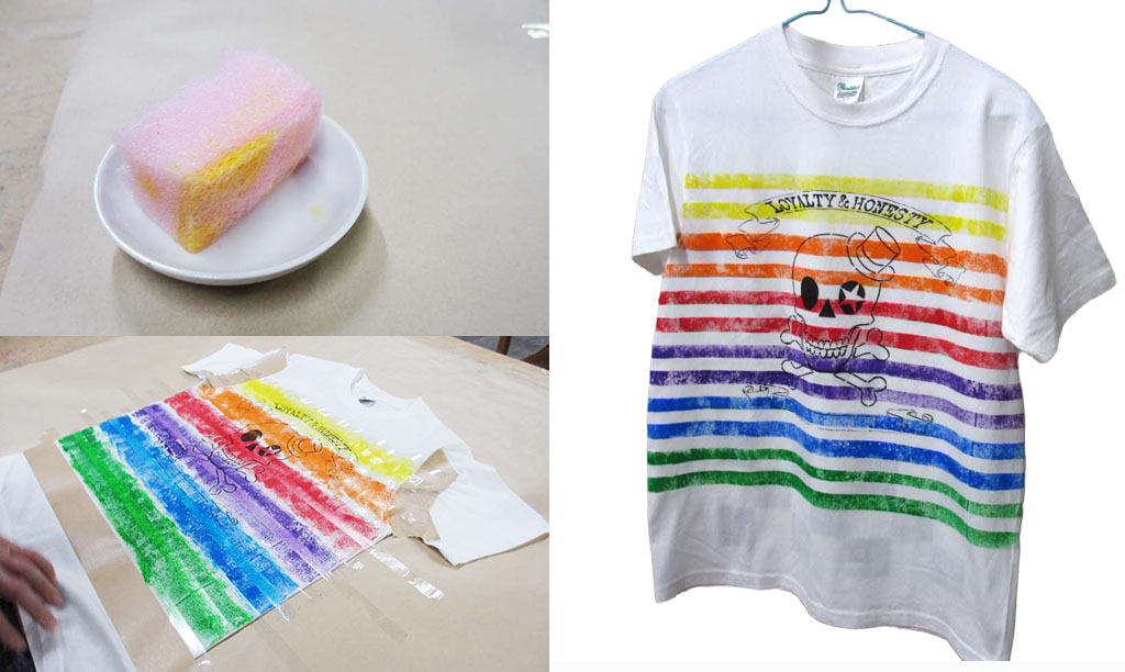 スポンジに絵の具をつけてtシャツにペイント