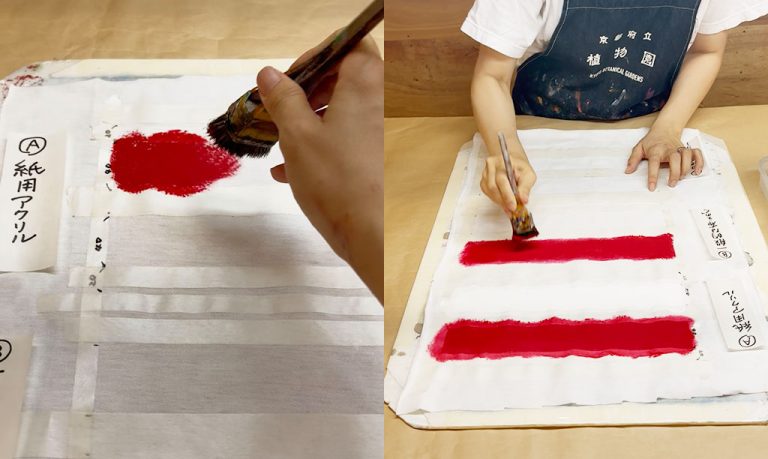 3種絵の具比較検証赤絵の具を塗る様子